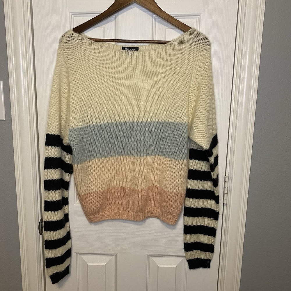 Dear John Women's Small Pullover Sweater Scoop Neck Mohair Wool Blend‎ Stripes